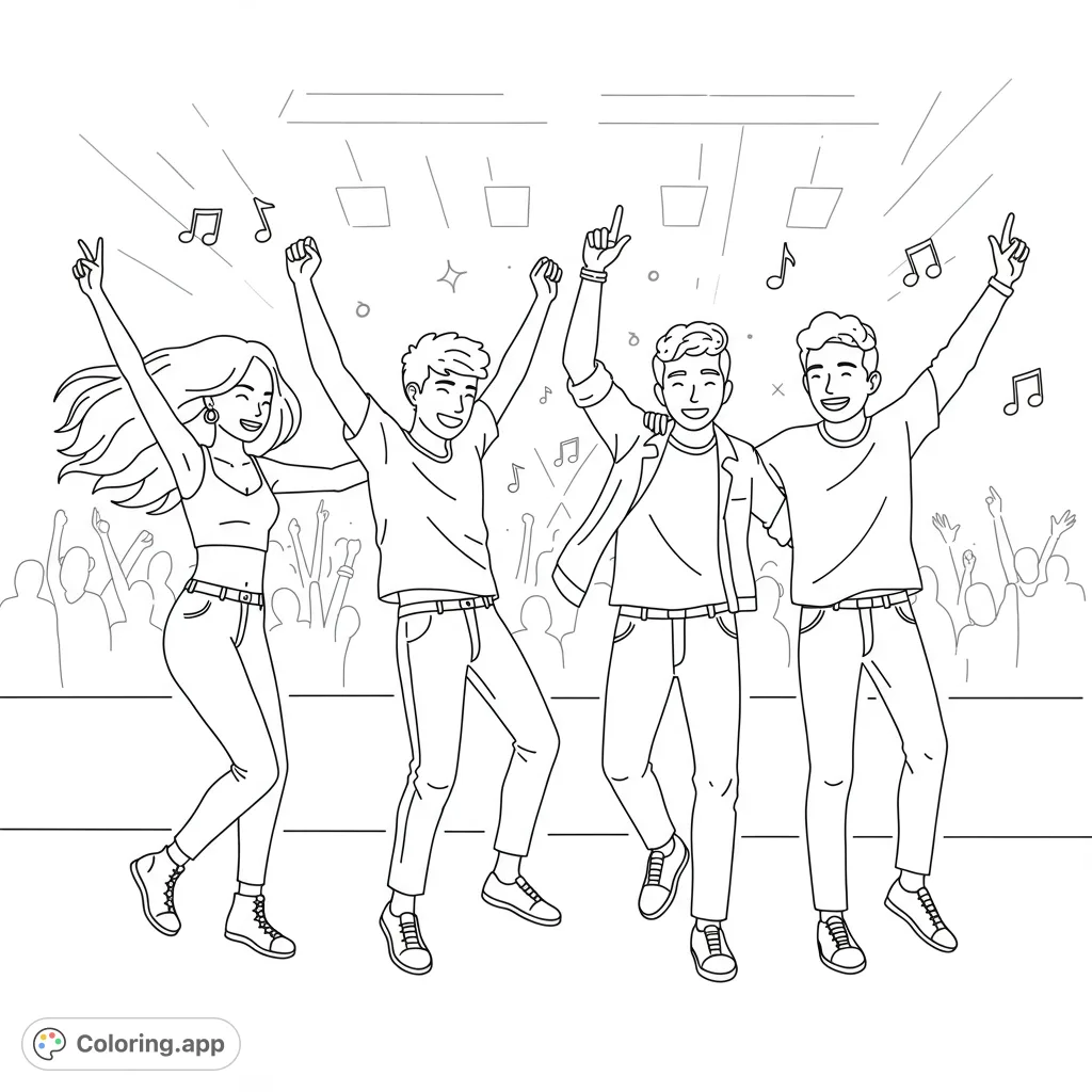 Dynamic friends dancing at a lively concert, perfect for a fun and energetic coloring experience. A free printable coloring page for all ages.