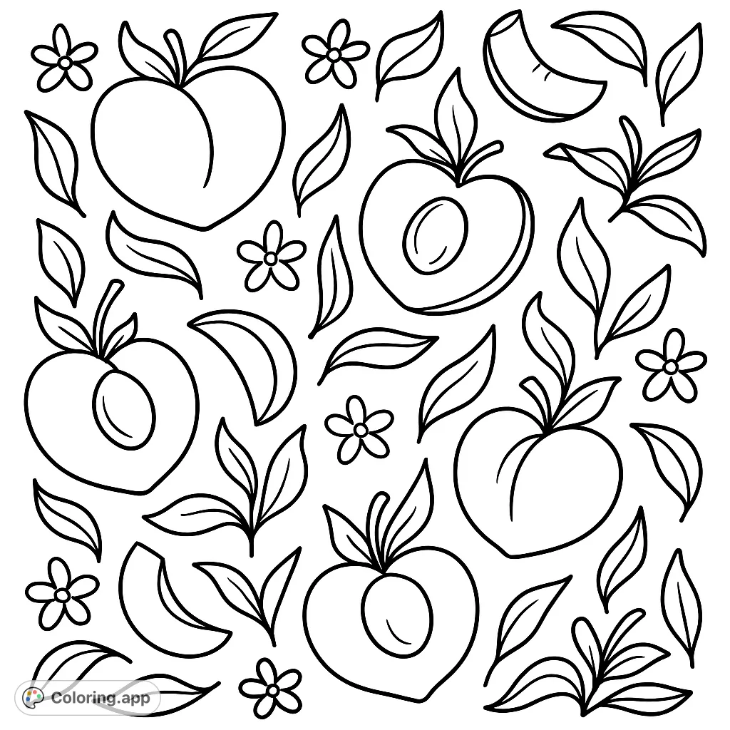 A delightful peach coloring page featuring whole peaches, halves, slices, leaves, and blossoms in a charming, repeating pattern. Perfect for all ages!