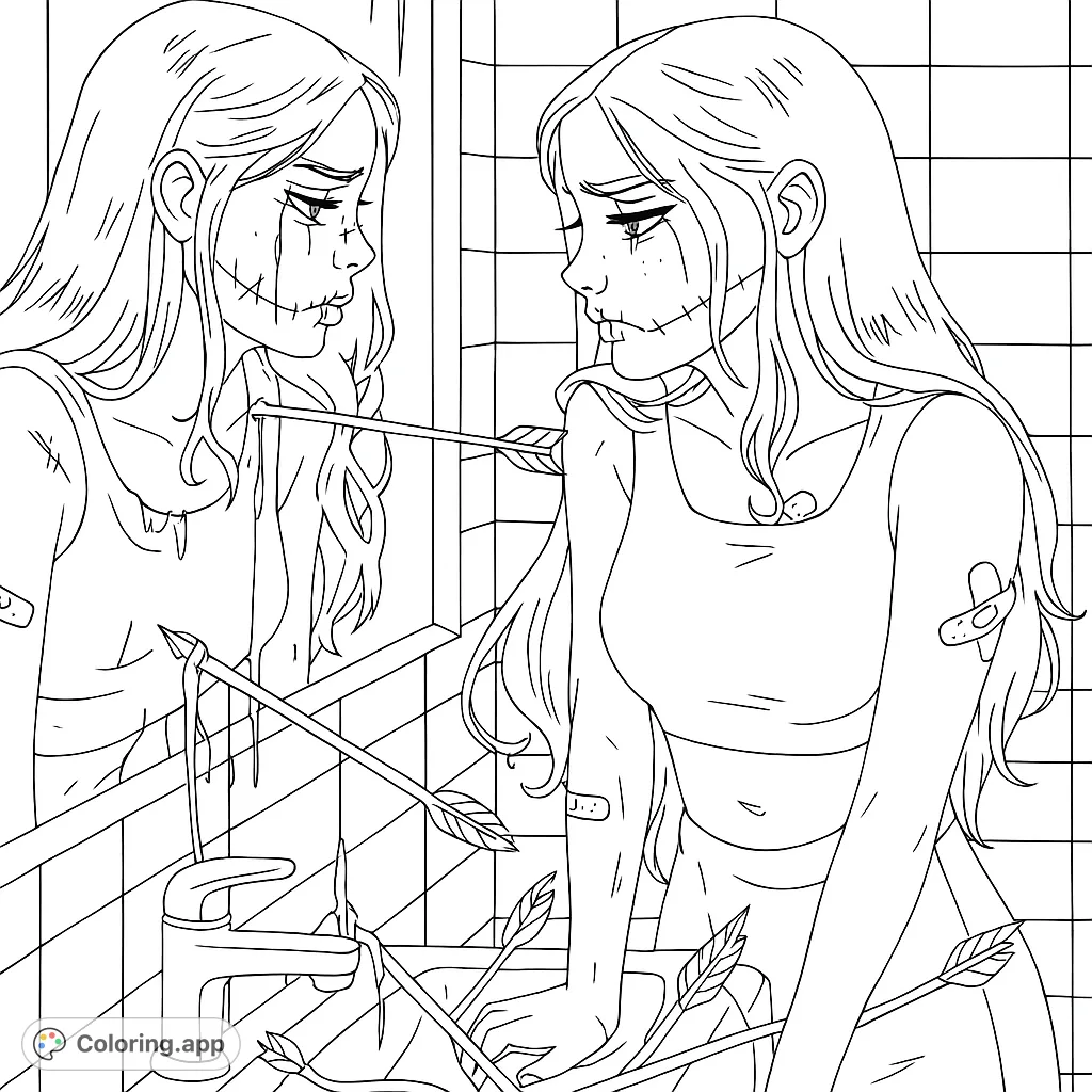 A gothic woman with a stitched mouth gazes into a mirror, surrounded by arrows in a tiled bathroom. A powerful, emotional coloring page.