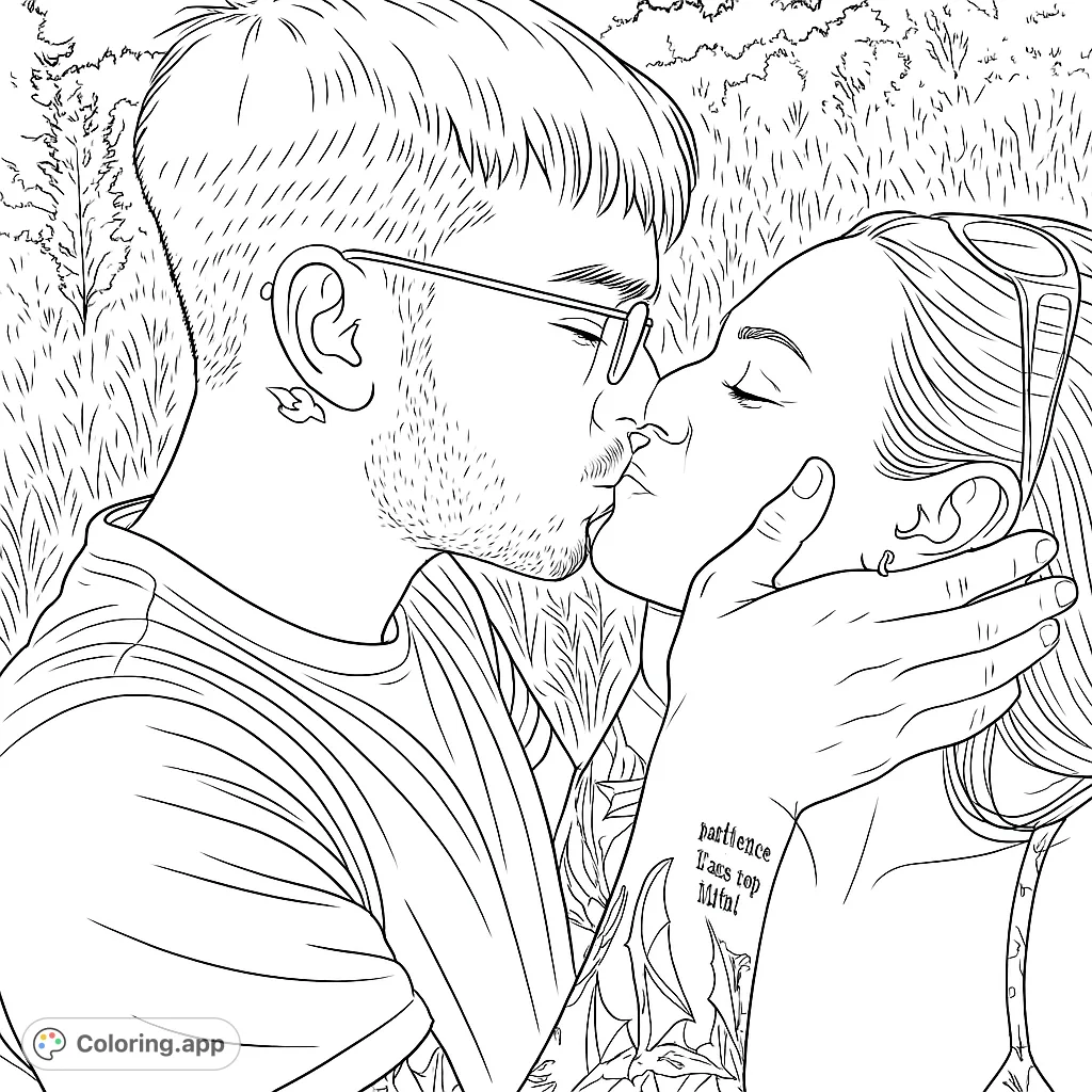 Capture a tender moment with this romantic couple kissing outdoors. Features detailed tattoos and a natural setting. Perfect for expressing love.