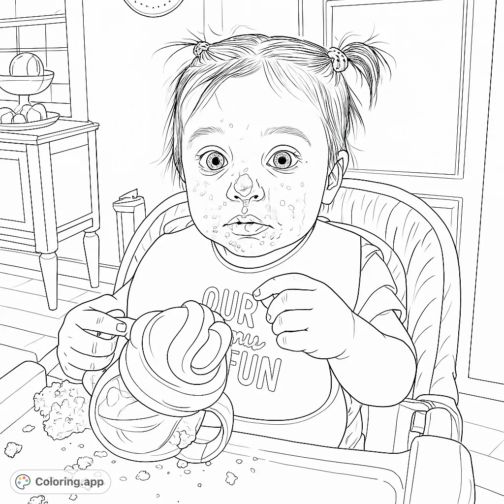 Capture the adorable chaos of a baby's mealtime! This charming coloring page features a messy toddler in a high chair with a sippy cup and cake.