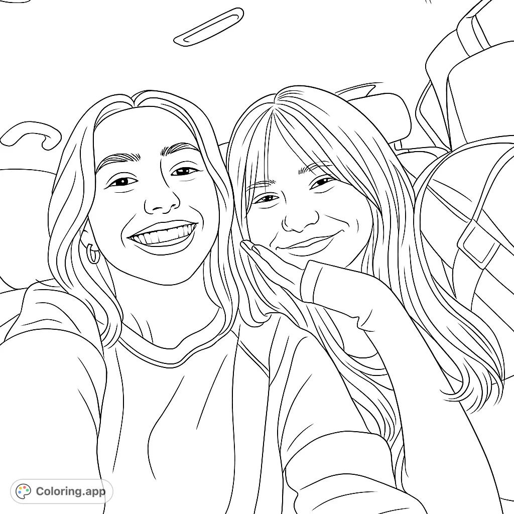 Capture friendship in a car selfie! Two happy friends smiling, perfect for a fun coloring session. A delightful friends coloring page.