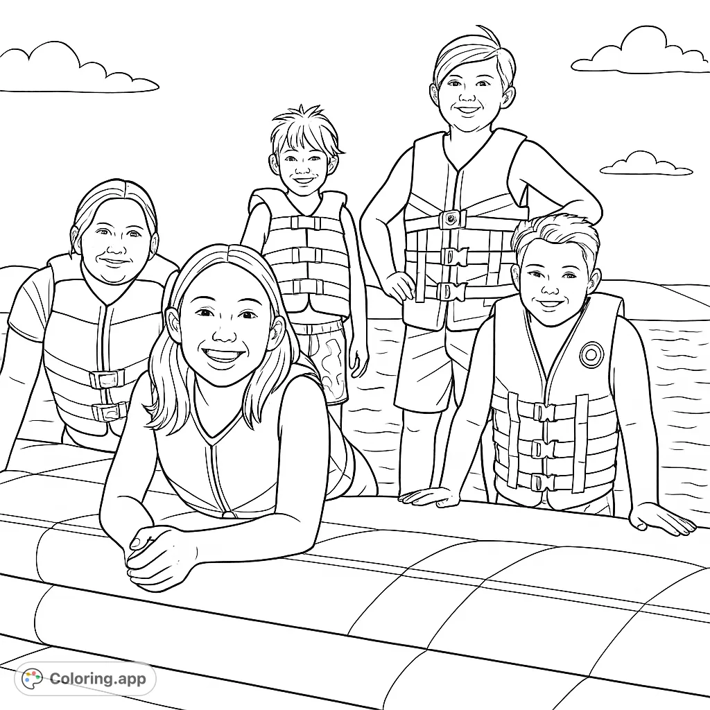 Five happy kids in life vests on a boat, enjoying a sunny lake day with rolling hills in the background. A fun summer adventure scene.