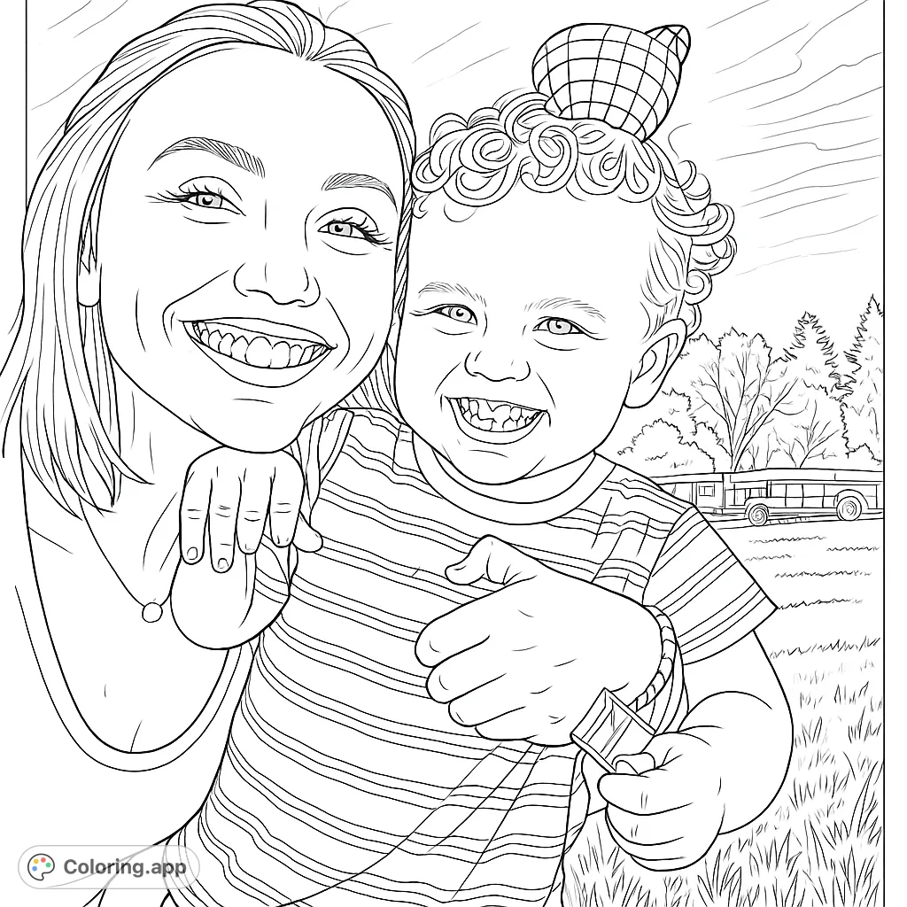 A heartwarming coloring page featuring a smiling mother and child, with a hot air balloon in the background. Perfect for family fun!