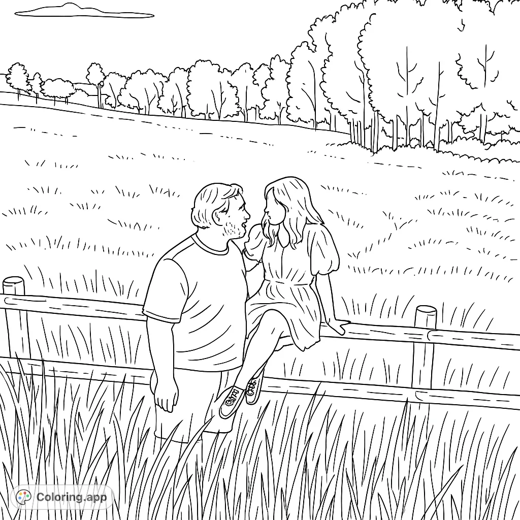 A romantic couple shares a moment by a rustic fence in a lush field, surrounded by tall grass and distant trees, perfect for nature lovers.