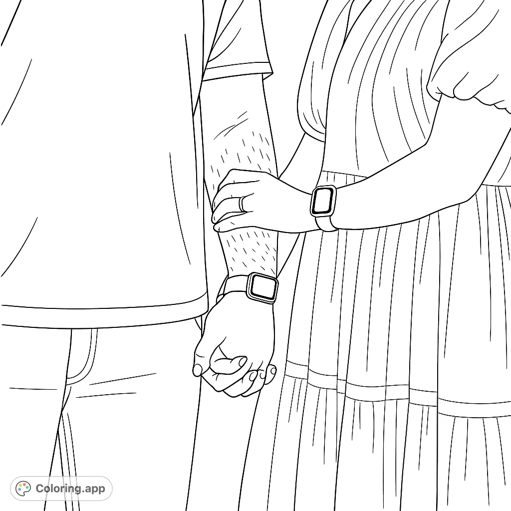 A heartwarming couple holding hands, symbolizing love and connection. Perfect for a romantic coloring page, featuring detailed hands, clothing, and accessories.