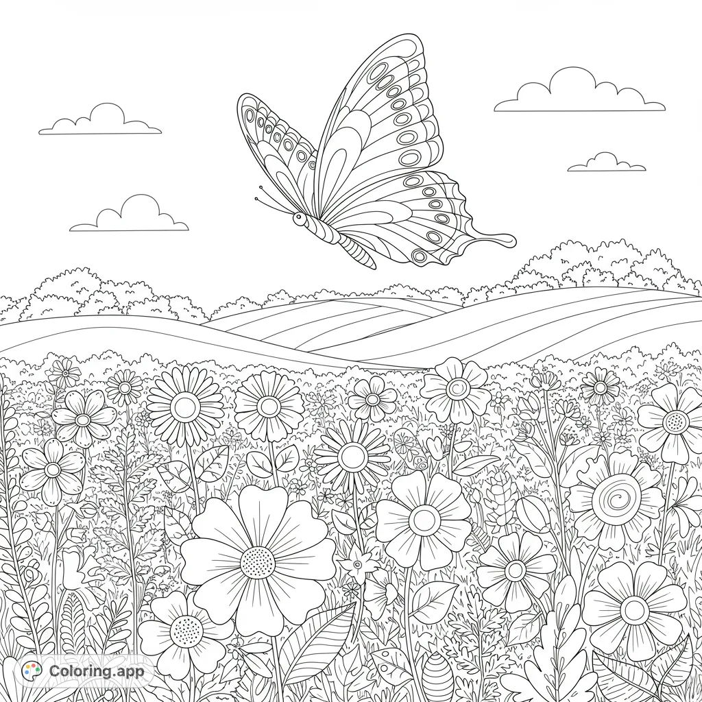 A graceful butterfly flutters amidst a vibrant field of diverse flowers, perfect for a relaxing and detailed coloring experience.