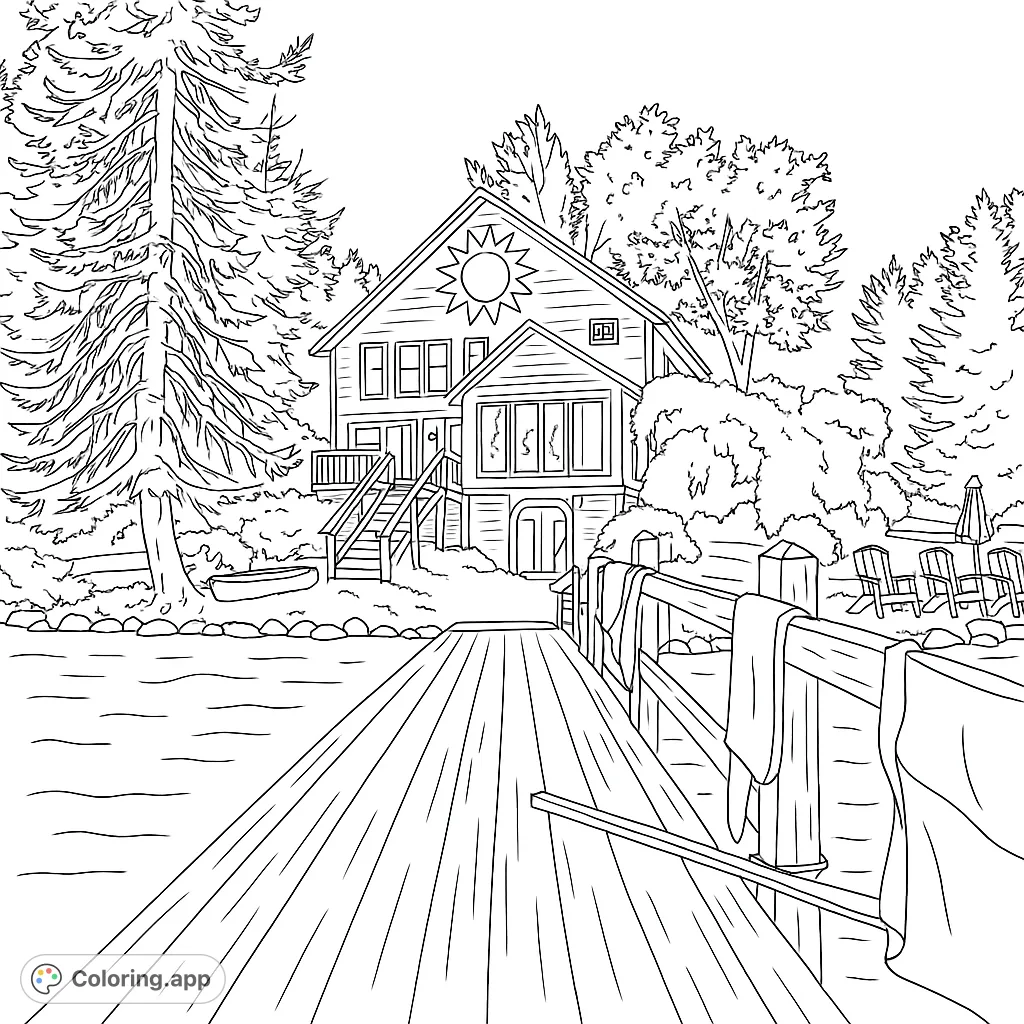 Color a charming lakeside boathouse with a sunburst design, a long wooden dock, and lush trees. A perfect nature escape coloring page.