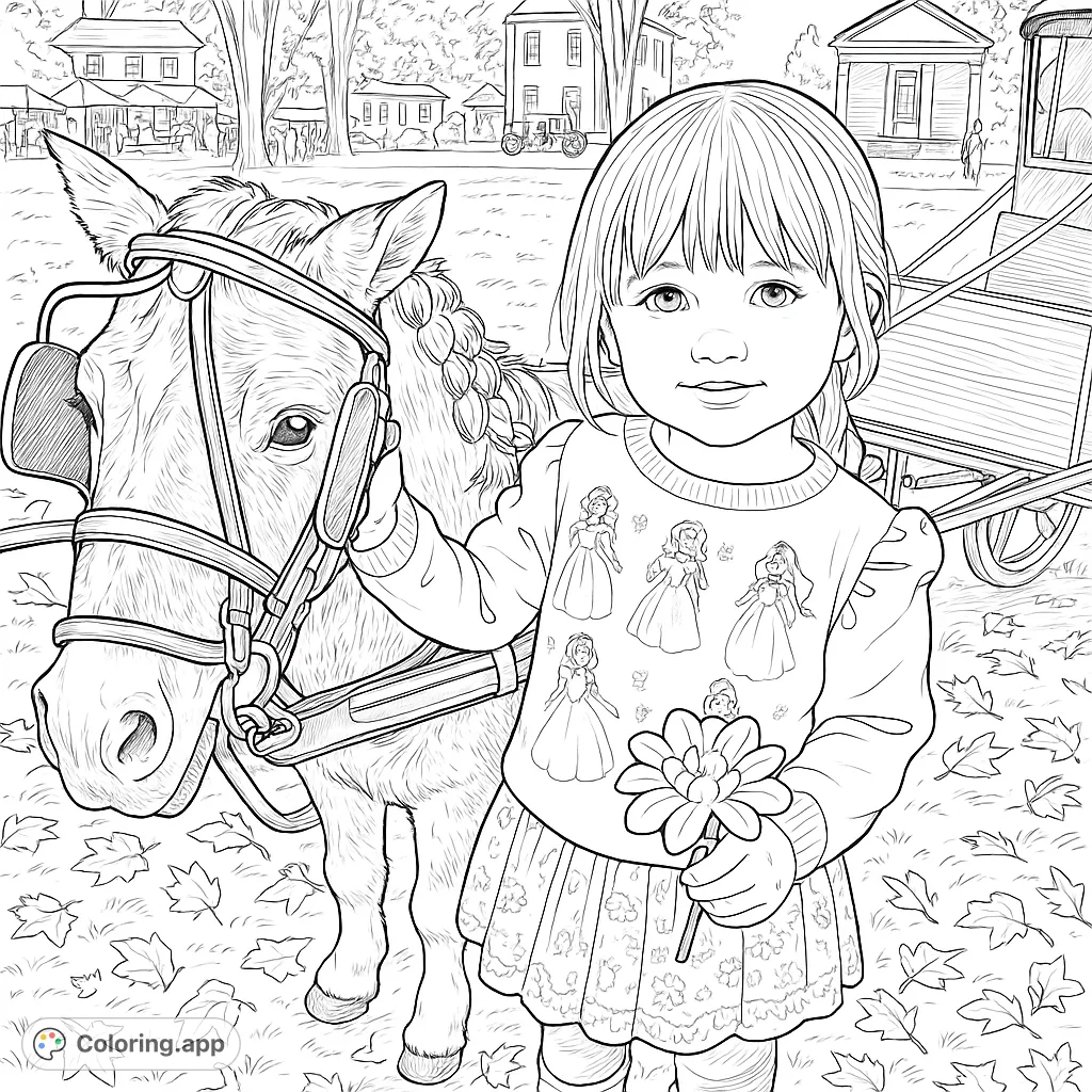 A delightful scene of a child with a gentle pony at an autumn fair. Features a detailed harness, patterned skirt, and scattered leaves for a charming coloring experience.