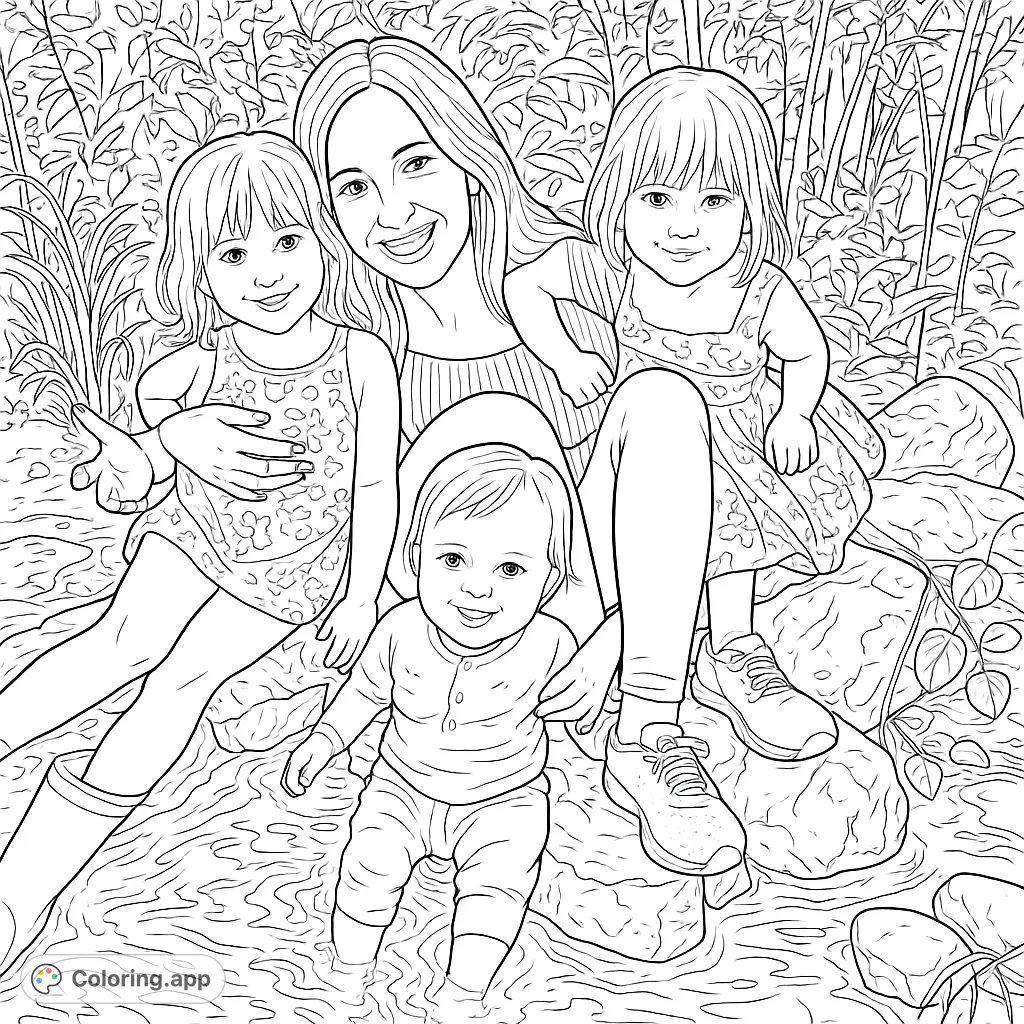 A joyful family moment by a stream, featuring a woman and three children splashing in water amidst rocks and lush greenery. Perfect for a relaxing coloring experience.