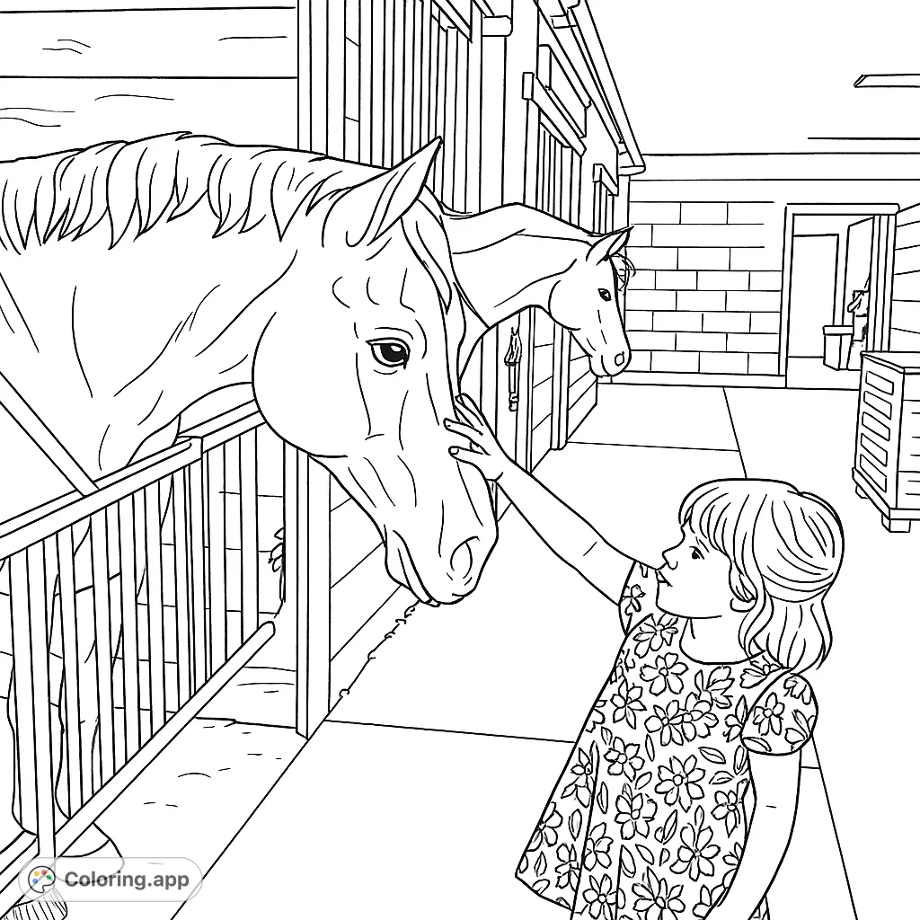 A heartwarming scene of a child gently petting a horse in a rustic stable, with another horse in the background. Perfect for animal lovers.