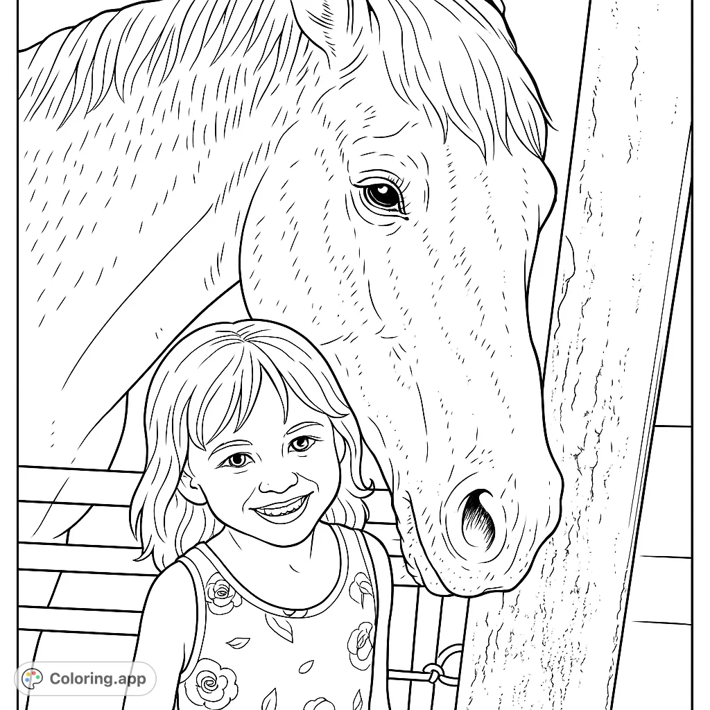 A happy girl smiles beside a gentle horse, perfect for a heartwarming animal coloring page. Features a sweet bond and floral details.