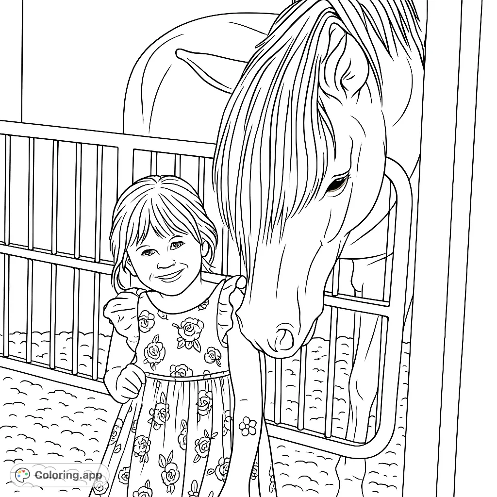 A heartwarming scene of a smiling girl with a gentle horse in a stable, perfect for animal lovers and young artists.