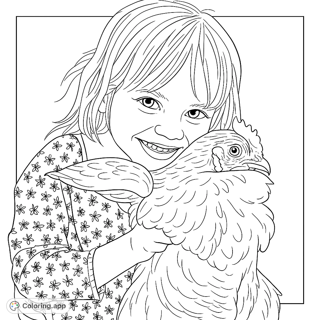 A heartwarming farm animal coloring page featuring a smiling girl gently holding a chicken, perfect for young animal lovers and farm enthusiasts.