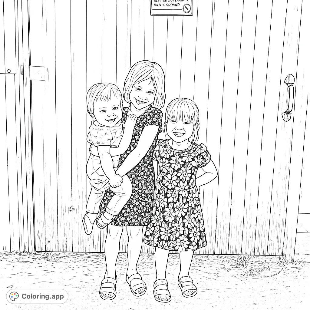Three happy girls pose by a rustic barn door, ready for a fun coloring adventure. This charming family coloring page is perfect for kids and adults.