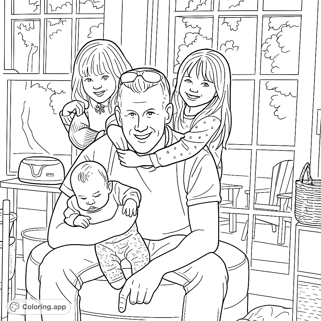 A heartwarming family portrait featuring a father holding a baby, with two older daughters playfully embracing him from behind, set against a bright window.