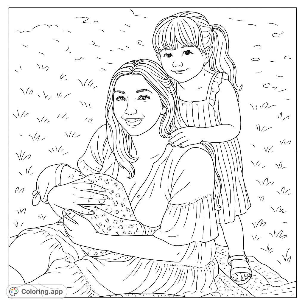 A heartwarming family moment featuring a mother holding her newborn, with an older child embracing her from behind, set in a serene outdoor scene.