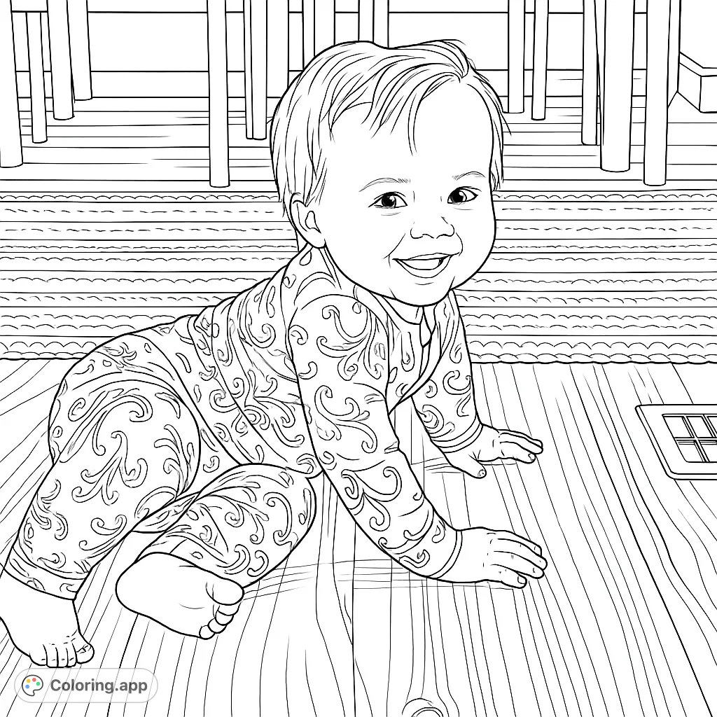 A delightful baby in unicorn pajamas smiles while crawling on a wooden floor. A charming and detailed scene perfect for a joyful coloring experience.