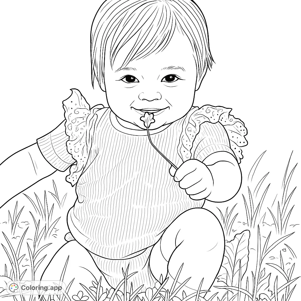 A charming baby with a sweet smile and ruffled onesie, holding a delicate flower in a grassy field. Perfect for a heartwarming coloring experience.