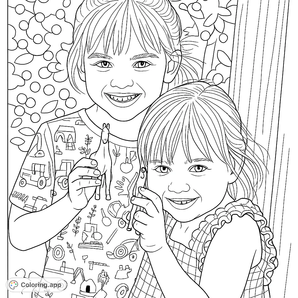 Two happy girls holding animal toys, ready for a fun coloring adventure. Features detailed clothing patterns and a natural background.