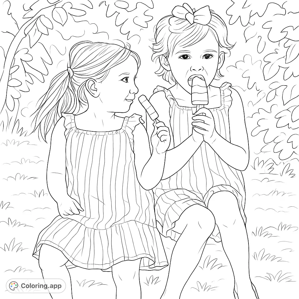 Two happy girls enjoy popsicles outdoors. A delightful summer scene perfect for coloring, featuring striped dresses and playful details.