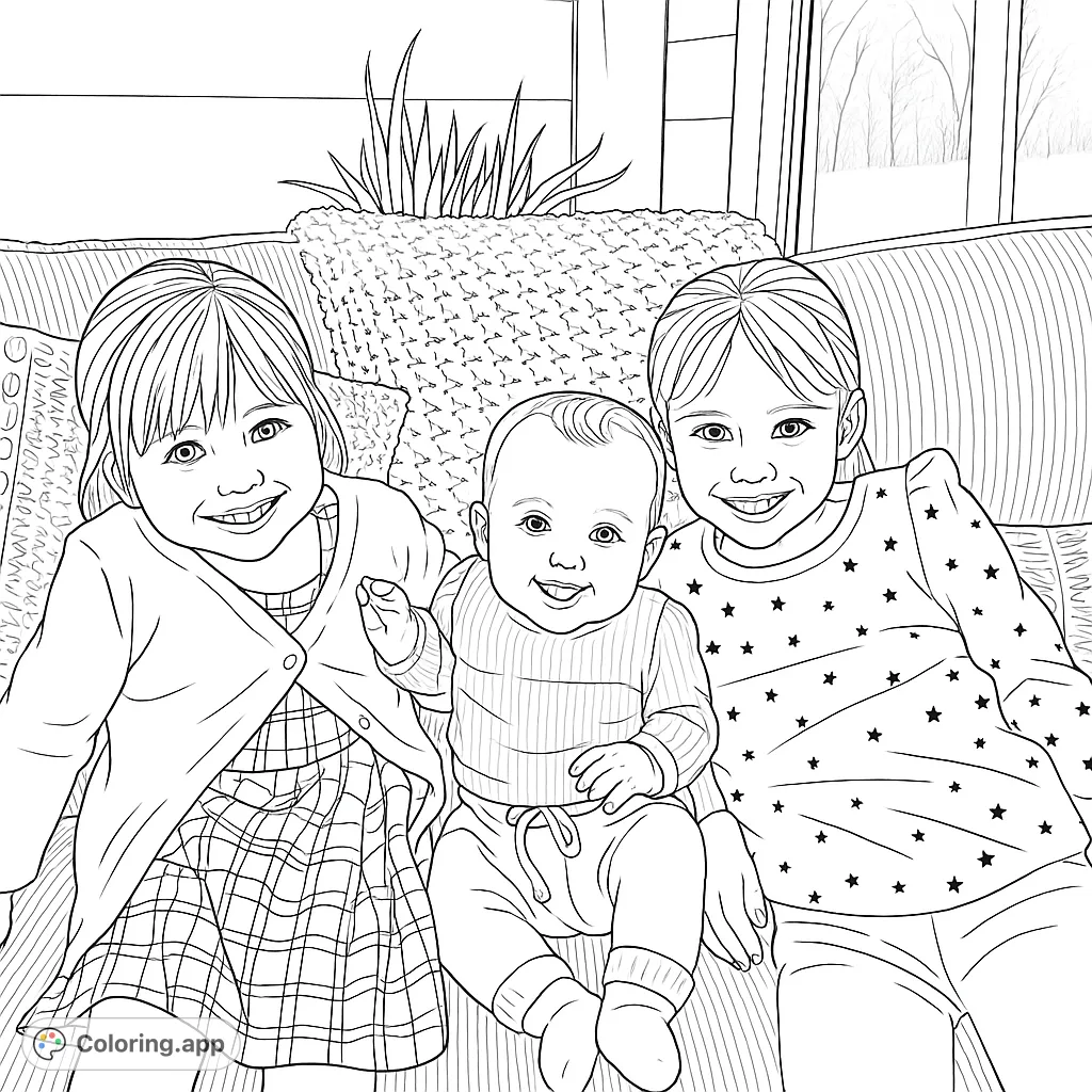 Three smiling children on a cozy couch, ready for a fun coloring adventure. Perfect for family and friendship themes.