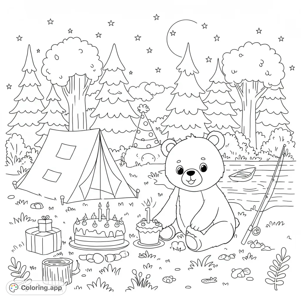 Celebrate a bear cub's first birthday in a whimsical forest campsite! This free printable coloring page features a cheerful cub, cake, tent, and starry night.