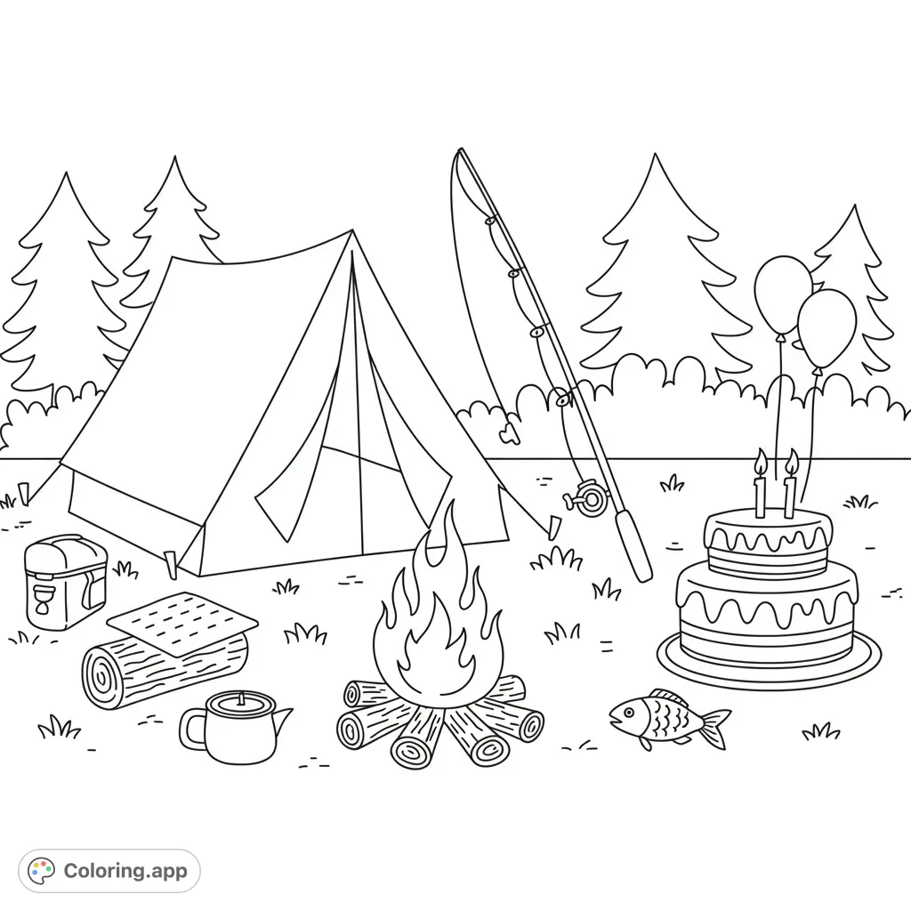 A delightful horizontal camping coloring page featuring a tent, campfire, s'mores, fishing, and a birthday cake, perfect for a fun outdoor celebration.