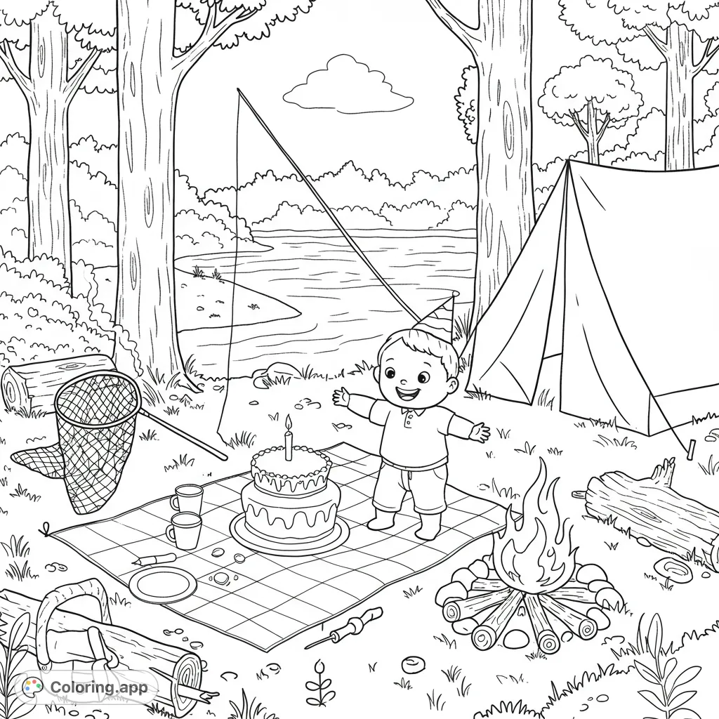 Celebrate a first birthday camping trip! A joyful boy reaches for cake by a river, tent, and campfire, perfect for a fun family camping coloring page.
