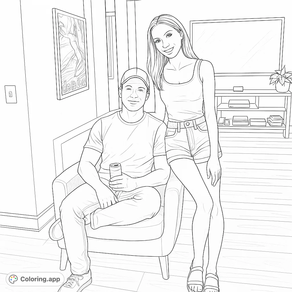 Capture a cozy indoor scene with two friends relaxing. This realistic coloring page offers moderate detail for an engaging and enjoyable creative experience.