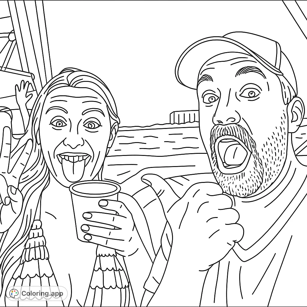 Capture the joy of a boat trip with two friends making hilarious faces. Perfect for a fun, silly coloring page adventure!