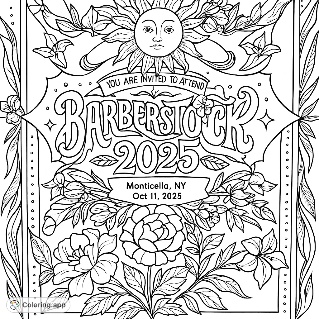 A vibrant retro-inspired coloring page featuring a smiling sun, intricate floral patterns, and ornate borders, perfect for a psychedelic art experience.