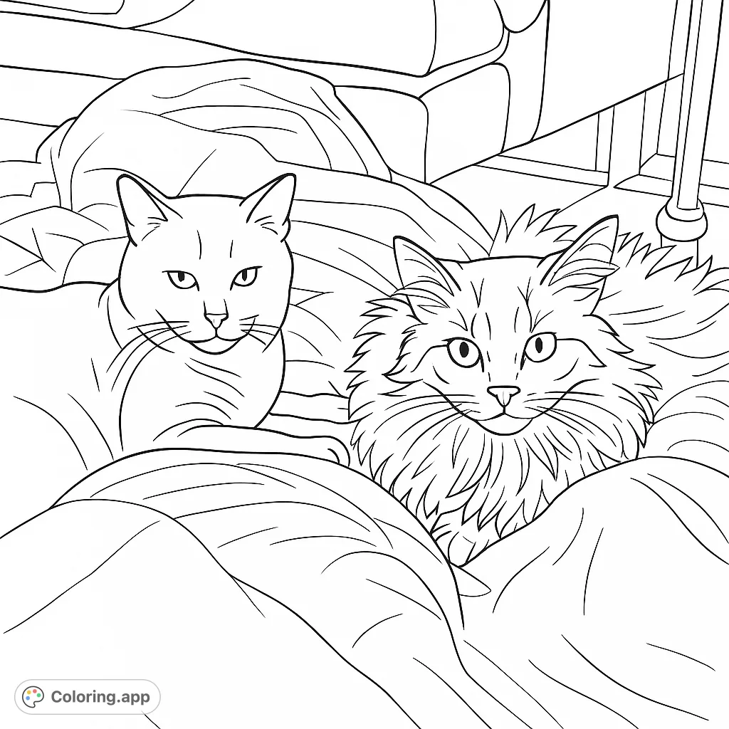 A charming cat coloring page featuring two feline friends relaxing on a soft, quilted bed, perfect for animal lovers and cozy coloring sessions.