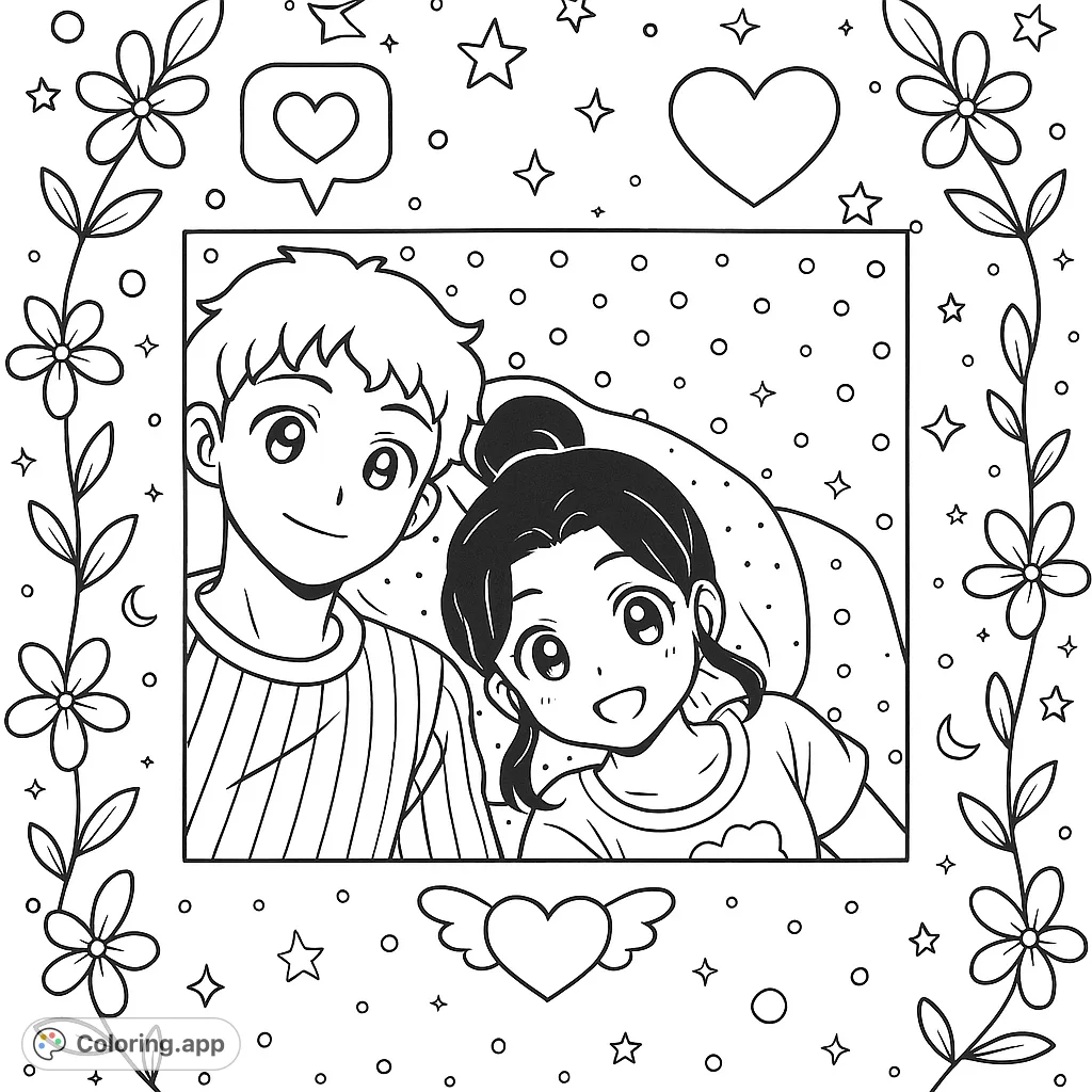 An adorable anime couple surrounded by celestial stars and playful polka dots. A simple, charming design perfect for a relaxing coloring experience.