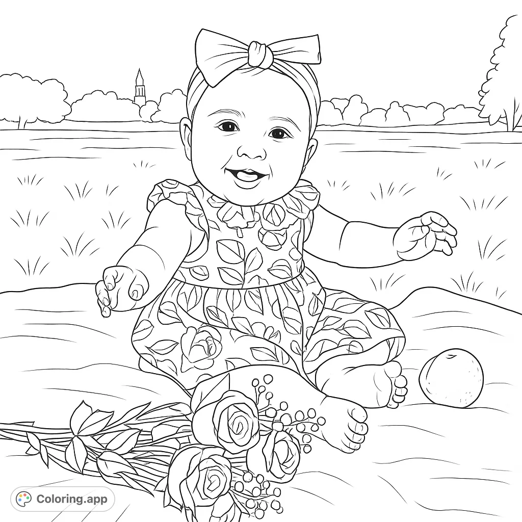 Adorable baby in a lemon-print dress, sitting on a blanket with lemons and a rose bouquet. A charming, sweet scene for coloring.