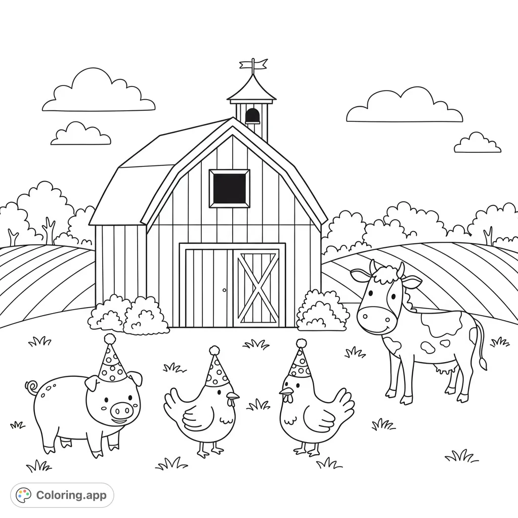 A delightful farm coloring page featuring a charming barn and cheerful animals in party hats, perfect for a fun, free printable coloring page adventure.