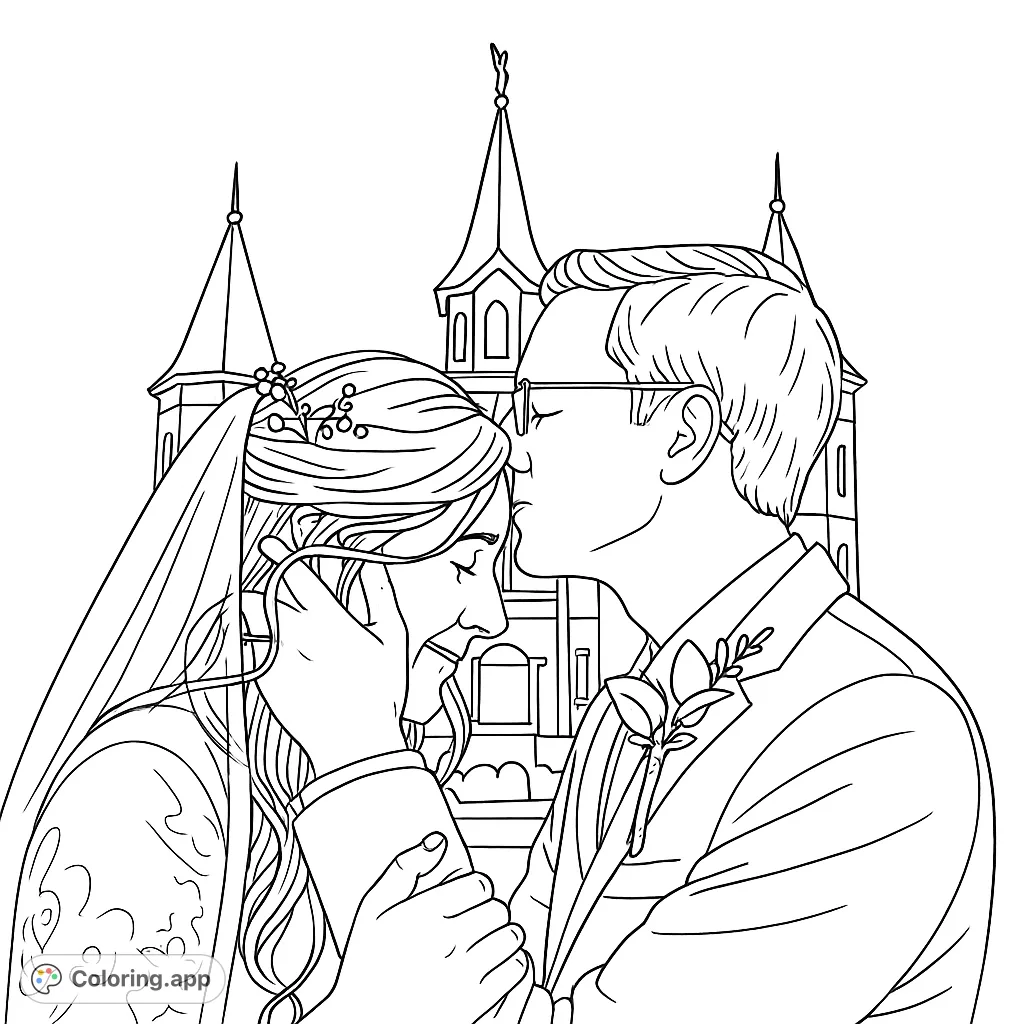Capture a tender wedding moment with this beautiful wedding coloring page. A groom kisses his bride against a grand temple backdrop. Free printable coloring page for adults.