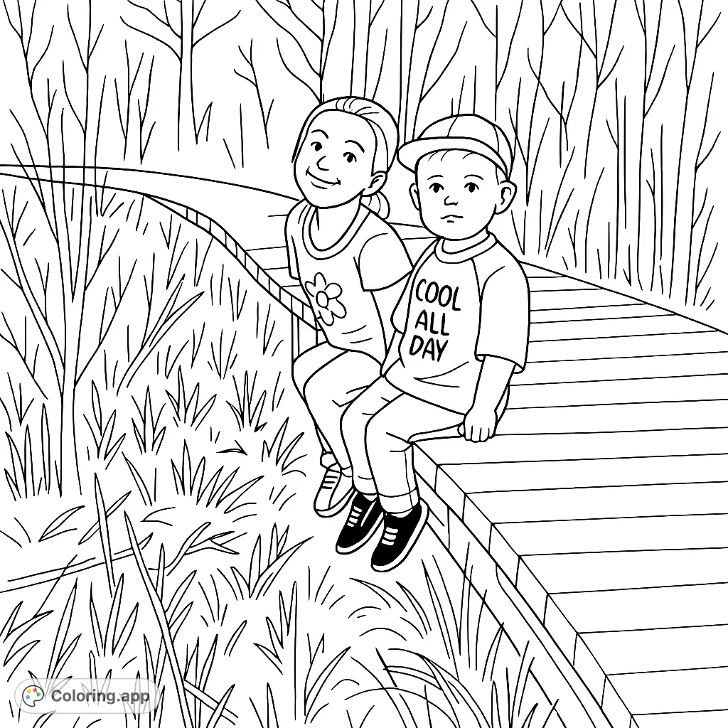 A delightful children on boardwalk coloring page featuring two smiling kids enjoying nature on a wooden path, perfect for a free printable coloring page adventure.