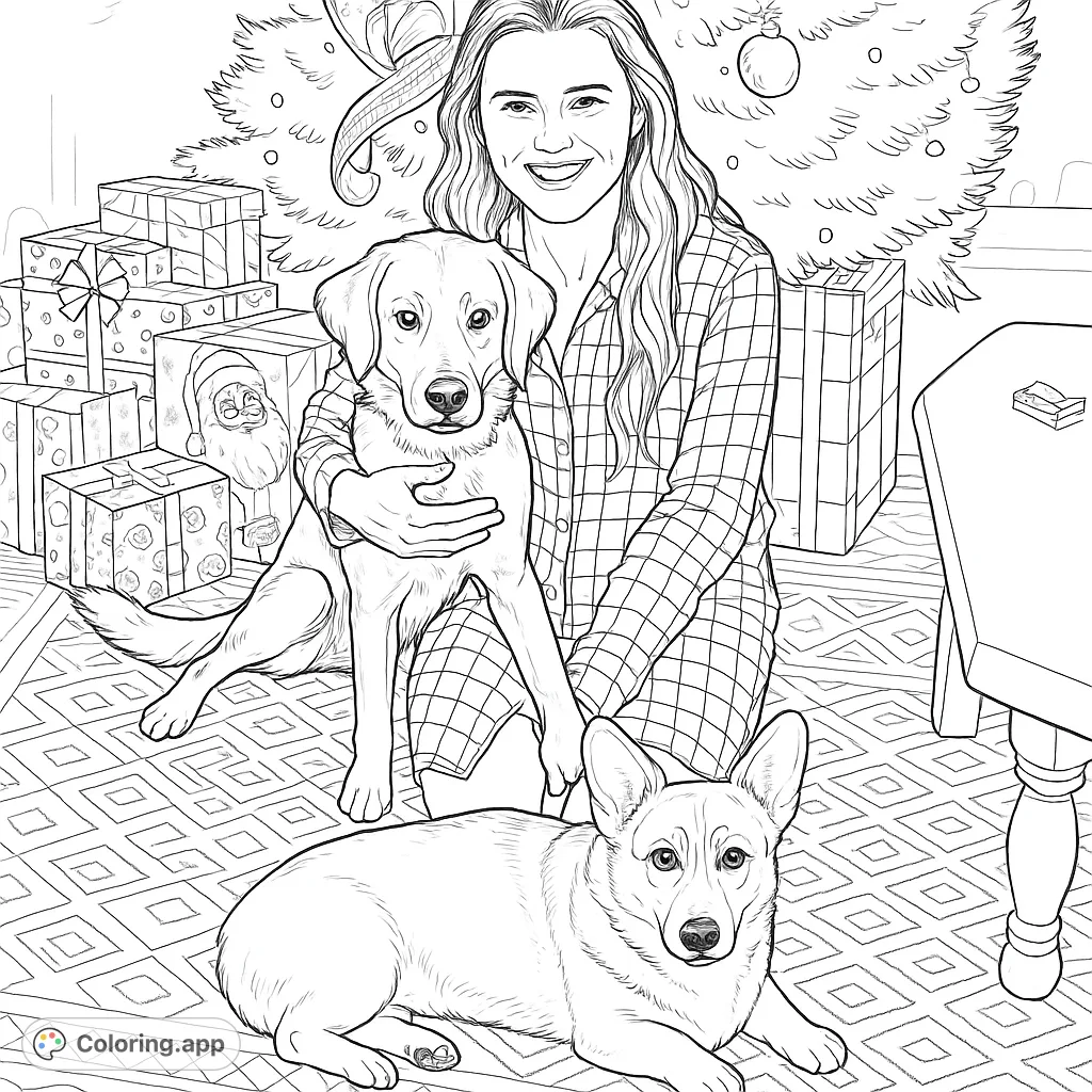 A heartwarming Christmas scene with a smiling woman, a golden retriever, and a corgi surrounded by festive gifts and a decorated tree. Perfect for holiday fun!