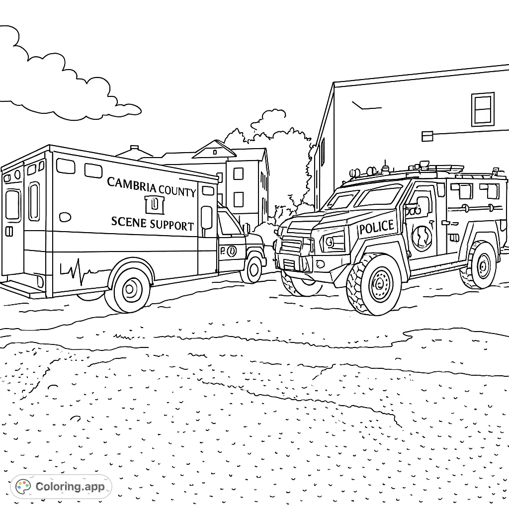 Color a detailed scene featuring a robust armored police vehicle and a specialized ambulance, perfect for emergency vehicle enthusiasts.