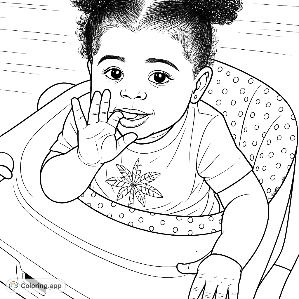 An adorable baby with fluffy hair puffs in a high chair, perfect for a heartwarming coloring experience. Features a cute expression and a leaf-patterned shirt.