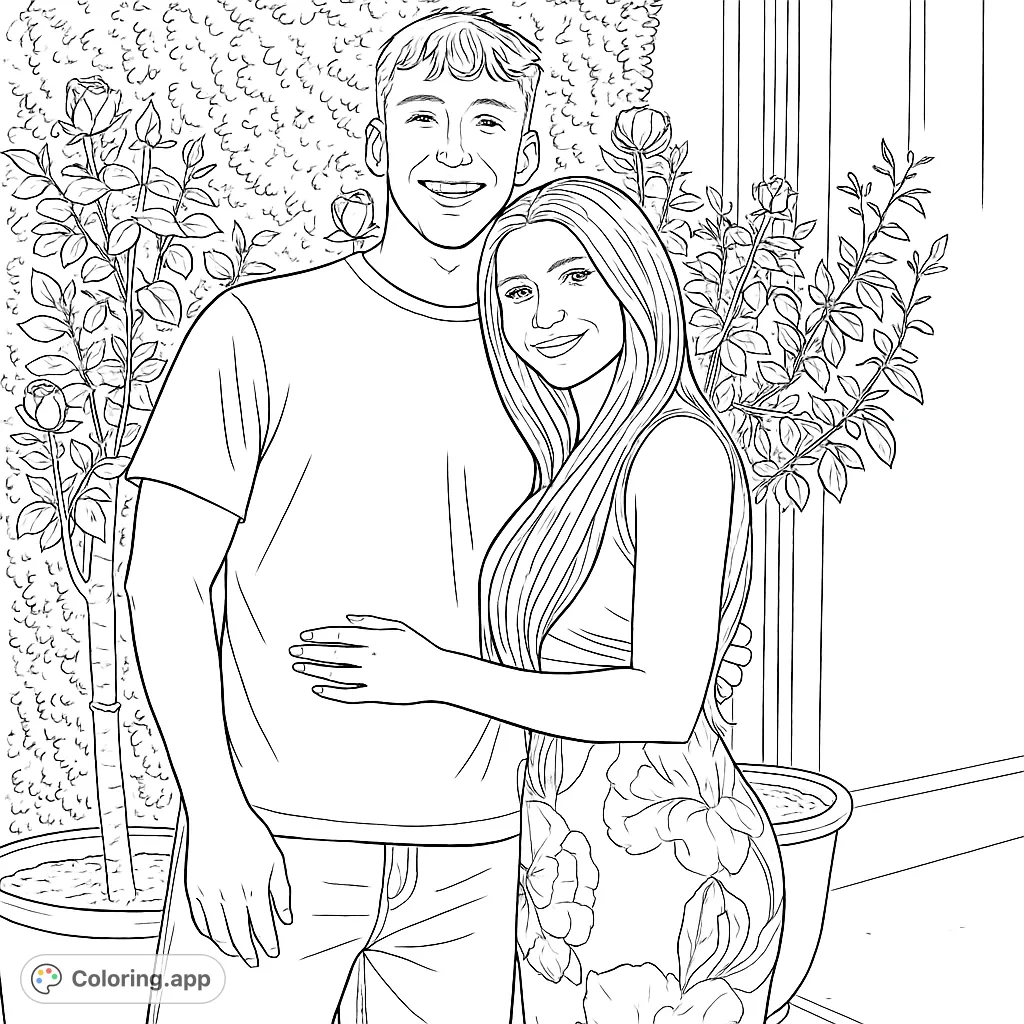 A heartwarming couple embraces amidst lush garden foliage and blooming flowers. Perfect for celebrating love and connection with intricate details.