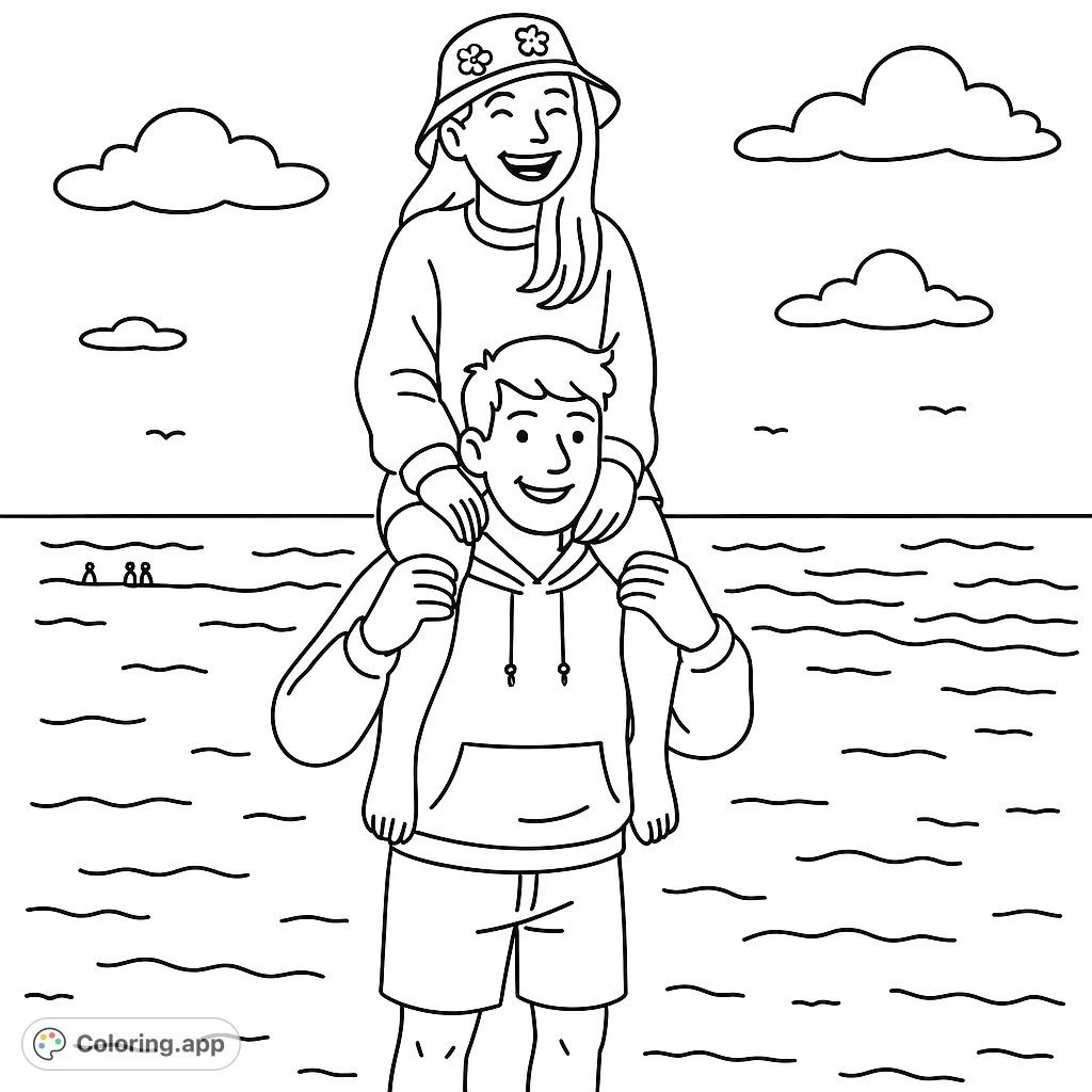 A joyful beach scene featuring two young people enjoying a shoulder ride, perfect for a fun and relaxing coloring experience.
