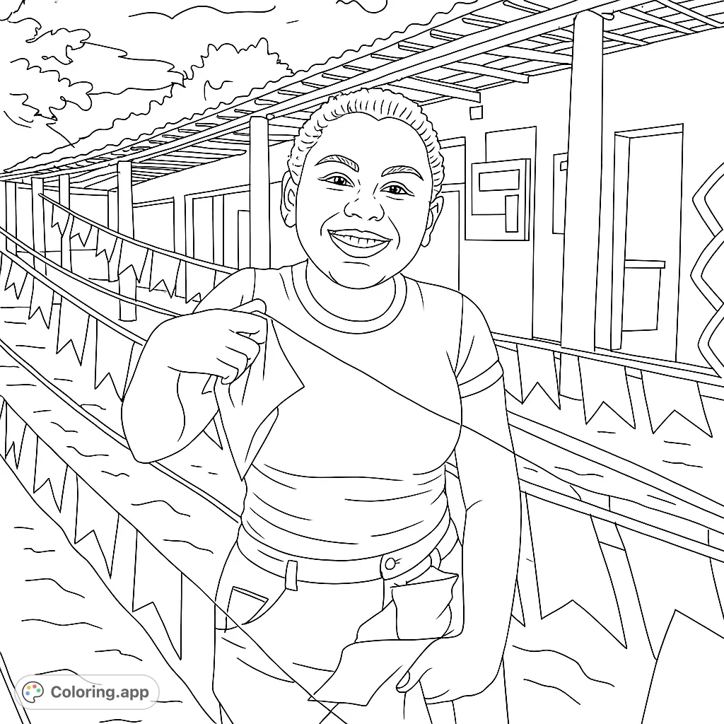 A joyful young woman stands amidst festive flags, ready for celebration. A delightful scene for a happy coloring experience.