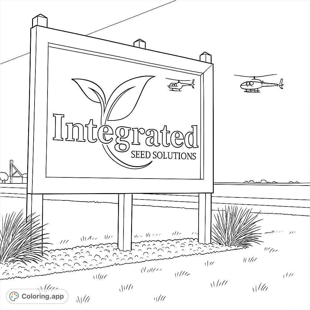 Color a rustic farm sign with stylized leaves and a helicopter, set against a vast open field and clear sky. Perfect for nature and agriculture themes.
