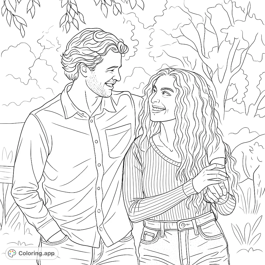 A heartwarming portrait of a smiling couple, perfect for a romantic coloring experience. Features detailed expressions and a natural outdoor setting.