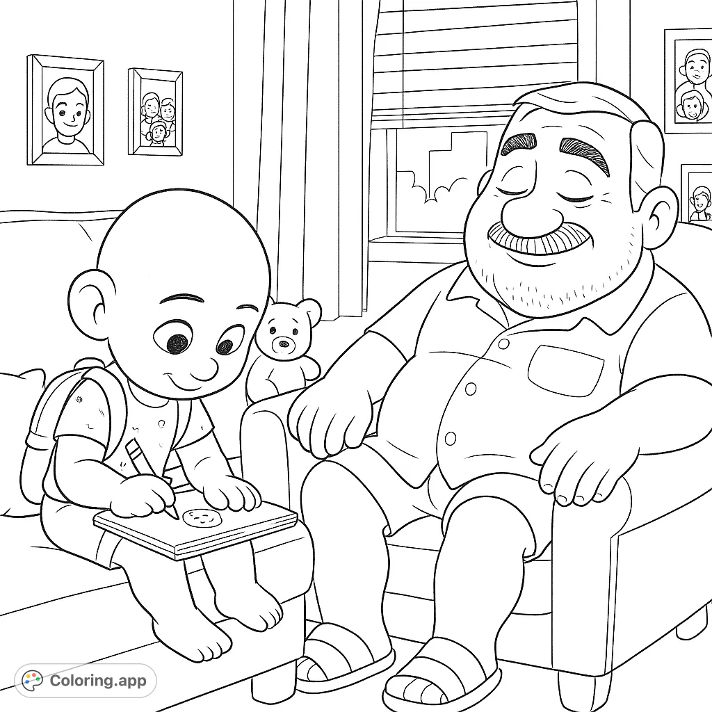 A heartwarming scene of a child drawing in a notebook while a smiling man relaxes nearby. Perfect for a cozy family coloring page.