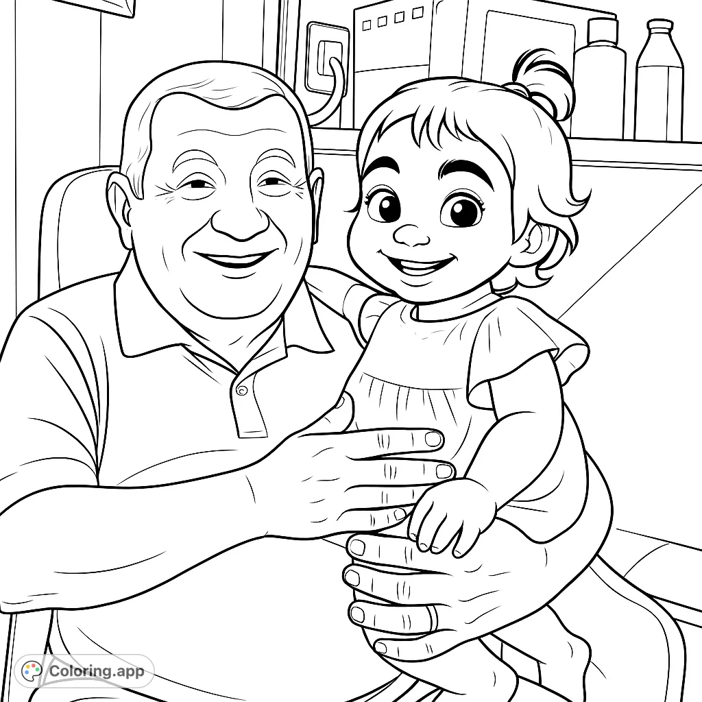 A heartwarming family coloring page featuring a smiling grandfather holding his joyful grandchild. Perfect for celebrating family bonds and creating cherished memories.