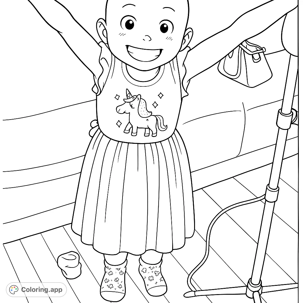 A delightful bald child in a unicorn dress, arms wide, radiating joy. Features a detailed unicorn, striped skirt, and patterned socks. Perfect for kids!