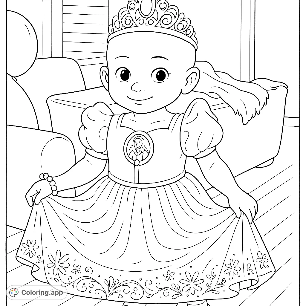 A delightful princess child in a beautiful gown and crown, ready for a royal adventure. Perfect for imaginative play and creative coloring fun.